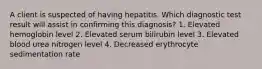 A client is suspected of having hepatitis. Which diagnostic test result will assist in confirming this diagnosis? 1. Elevated hemoglobin level 2. Elevated serum bilirubin level 3. Elevated blood urea nitrogen level 4. Decreased erythrocyte sedimentation rate