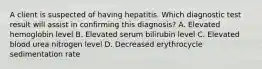 A client is suspected of having hepatitis. Which diagnostic test result will assist in confirming this diagnosis? A. Elevated hemoglobin level B. Elevated serum bilirubin level C. Elevated blood urea nitrogen level D. Decreased erythrocycle sedimentation rate