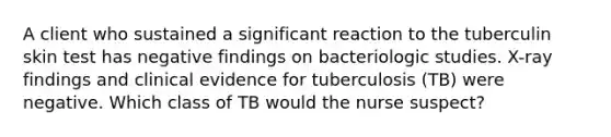 A client who sustained a significant reaction to the tuberculin skin test has negative findings on bacteriologic studies. X-ray findings and clinical evidence for tuberculosis (TB) were negative. Which class of TB would the nurse suspect?