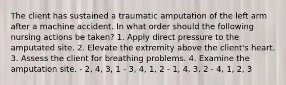 The client has sustained a traumatic amputation of the left arm after a machine accident. In what order should the following nursing actions be taken? 1. Apply direct pressure to the amputated site. 2. Elevate the extremity above the client's heart. 3. Assess the client for breathing problems. 4. Examine the amputation site. - 2, 4, 3, 1 - 3, 4, 1, 2 - 1, 4, 3, 2 - 4, 1, 2, 3