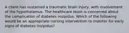 A client has sustained a traumatic brain injury, with involvement of the hypothalamus. The healthcare team is concerned about the complication of diabetes insipidus. Which of the following would be an appropriate nursing intervention to monitor for early signs of diabetes insipidus?