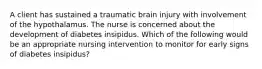 A client has sustained a traumatic brain injury with involvement of the hypothalamus. The nurse is concerned about the development of diabetes insipidus. Which of the following would be an appropriate nursing intervention to monitor for early signs of diabetes insipidus?