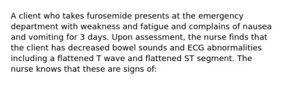 A client who takes furosemide presents at the emergency department with weakness and fatigue and complains of nausea and vomiting for 3 days. Upon assessment, the nurse finds that the client has decreased bowel sounds and ECG abnormalities including a flattened T wave and flattened ST segment. The nurse knows that these are signs of: