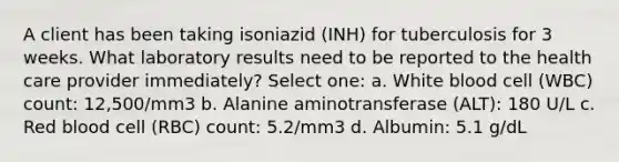 A client has been taking isoniazid (INH) for tuberculosis for 3 weeks. What laboratory results need to be reported to the health care provider immediately? Select one: a. White blood cell (WBC) count: 12,500/mm3 b. Alanine aminotransferase (ALT): 180 U/L c. Red blood cell (RBC) count: 5.2/mm3 d. Albumin: 5.1 g/dL