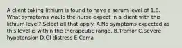 A client taking lithium is found to have a serum level of 1.8. What symptoms would the nurse expect in a client with this lithium level? Select all that apply. A.No symptoms expected as this level is within the therapeutic range. B.Tremor C.Severe hypotension D.GI distress E.Coma