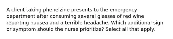 A client taking phenelzine presents to the emergency department after consuming several glasses of red wine reporting nausea and a terrible headache. Which additional sign or symptom should the nurse prioritize? Select all that apply.