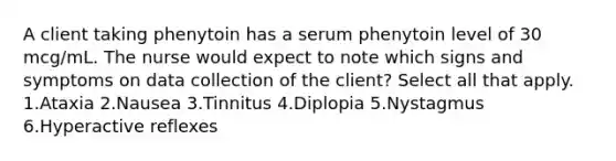 A client taking phenytoin has a serum phenytoin level of 30 mcg/mL. The nurse would expect to note which signs and symptoms on data collection of the client? Select all that apply. 1.Ataxia 2.Nausea 3.Tinnitus 4.Diplopia 5.Nystagmus 6.Hyperactive reflexes