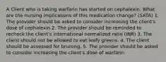 A Client who is taking warfarin has started on cephalexin. What are the nursing implications of this medication change? (SATA) 1. The provider should be asked to consider increasing the client's dose of cephalexin 2. The provider should be reminded to recheck the client's international normalized ratio (INR) 3. The client should not be allowed to eat leafy greens. 4. The client should be assessed for bruising. 5. The provider should be asked to consider increasing the client's dose of warfarin