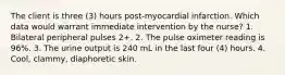 The client is three (3) hours post-myocardial infarction. Which data would warrant immediate intervention by the nurse? 1. Bilateral peripheral pulses 2+. 2. The pulse oximeter reading is 96%. 3. The urine output is 240 mL in the last four (4) hours. 4. Cool, clammy, diaphoretic skin.