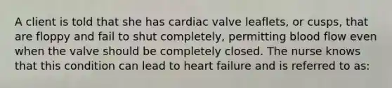 A client is told that she has cardiac valve leaflets, or cusps, that are floppy and fail to shut completely, permitting blood flow even when the valve should be completely closed. The nurse knows that this condition can lead to heart failure and is referred to as: