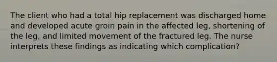 The client who had a total hip replacement was discharged home and developed acute groin pain in the affected leg, shortening of the leg, and limited movement of the fractured leg. The nurse interprets these findings as indicating which complication?