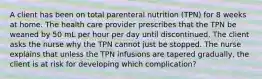 A client has been on total parenteral nutrition (TPN) for 8 weeks at home. The health care provider prescribes that the TPN be weaned by 50 mL per hour per day until discontinued. The client asks the nurse why the TPN cannot just be stopped. The nurse explains that unless the TPN infusions are tapered gradually, the client is at risk for developing which complication?