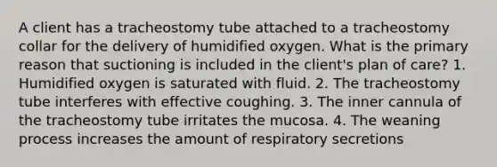 A client has a tracheostomy tube attached to a tracheostomy collar for the delivery of humidified oxygen. What is the primary reason that suctioning is included in the client's plan of care? 1. Humidified oxygen is saturated with fluid. 2. The tracheostomy tube interferes with effective coughing. 3. The inner cannula of the tracheostomy tube irritates the mucosa. 4. The weaning process increases the amount of respiratory secretions