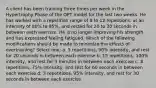 A client has been training three times per week in the Hypertrophy Phase of the OPT model for the last two weeks. He has worked with a repetition range of 8 to 12 repetitions, at an intensity of 80% to 85%, and rested for 20 to 30 seconds in between each exercise. He is no longer improving his strength and has expressed feeling fatigued. Which of the following modifications should be made to minimize the effects of overtraining? Select one: a. 5 repetitions, 90% intensity, and rest for 20 seconds in between each exercise b. 15 repetitions, 100% intensity, and rest for 3 minutes in between each exercise c. 8 repetitions, 75% intensity, and rest for 60 seconds in between each exercise d. 3 repetitions, 95% intensity, and rest for 30 seconds in between each exercise