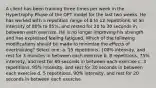 A client has been training three times per week in the Hypertrophy Phase of the OPT model for the last two weeks. He has worked with a repetition range of 8 to 12 repetitions, at an intensity of 80% to 85%, and rested for 20 to 30 seconds in between each exercise. He is no longer improving his strength and has expressed feeling fatigued. Which of the following modifications should be made to minimize the effects of overtraining? Select one: a. 15 repetitions, 100% intensity, and rest for 3 minutes in between each exercise b. 8 repetitions, 75% intensity, and rest for 60 seconds in between each exercise c. 3 repetitions, 95% intensity, and rest for 30 seconds in between each exercise d. 5 repetitions, 90% intensity, and rest for 20 seconds in between each exercise