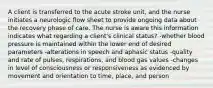 A client is transferred to the acute stroke unit, and the nurse initiates a neurologic flow sheet to provide ongoing data about the recovery phase of care. The nurse is aware this information indicates what regarding a client's clinical status? -whether blood pressure is maintained within the lower end of desired parameters -alterations in speech and aphasic status -quality and rate of pulses, respirations, and blood gas values -changes in level of consciousness or responsiveness as evidenced by movement and orientation to time, place, and person