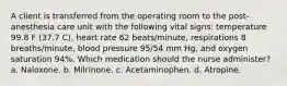 A client is transferred from the operating room to the post-anesthesia care unit with the following vital signs: temperature 99.8 F (37.7 C), heart rate 62 beats/minute, respirations 8 breaths/minute, blood pressure 95/54 mm Hg, and oxygen saturation 94%. Which medication should the nurse administer? a. Naloxone. b. Milrinone. c. Acetaminophen. d. Atropine.