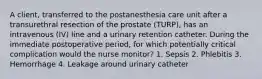 A client, transferred to the postanesthesia care unit after a transurethral resection of the prostate (TURP), has an intravenous (IV) line and a urinary retention catheter. During the immediate postoperative period, for which potentially critical complication would the nurse monitor? 1. Sepsis 2. Phlebitis 3. Hemorrhage 4. Leakage around urinary catheter