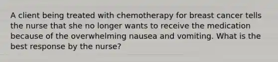 A client being treated with chemotherapy for breast cancer tells the nurse that she no longer wants to receive the medication because of the overwhelming nausea and vomiting. What is the best response by the nurse?