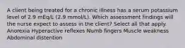 A client being treated for a chronic illness has a serum potassium level of 2.9 mEq/L (2.9 mmol/L). Which assessment findings will the nurse expect to assess in the client? Select all that apply. Anorexia Hyperactive reflexes Numb fingers Muscle weakness Abdominal distention