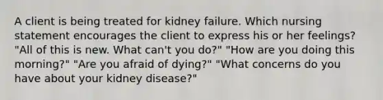 A client is being treated for kidney failure. Which nursing statement encourages the client to express his or her feelings? "All of this is new. What can't you do?" "How are you doing this morning?" "Are you afraid of dying?" "What concerns do you have about your kidney disease?"