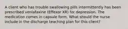 A client who has trouble swallowing pills intermittently has been prescribed venlafaxine (Effexor XR) for depression. The medication comes in capsule form. What should the nurse include in the discharge teaching plan for this client?