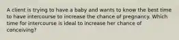 A client is trying to have a baby and wants to know the best time to have intercourse to increase the chance of pregnancy. Which time for intercourse is ideal to increase her chance of conceiving?