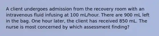 A client undergoes admission from the recovery room with an intravenous fluid infusing at 100 mL/hour. There are 900 mL left in the bag. One hour later, the client has received 850 mL. The nurse is most concerned by which assessment finding?