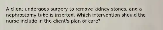 A client undergoes surgery to remove kidney stones, and a nephrostomy tube is inserted. Which intervention should the nurse include in the client's plan of care?