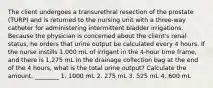 The client undergoes a transurethral resection of the prostate (TURP) and is returned to the nursing unit with a three-way catheter for administering intermittent bladder irrigations. Because the physician is concerned about the client's renal status, he orders that urine output be calculated every 4 hours. If the nurse instills 1,000 mL of irrigant in the 4-hour time frame, and there is 1,275 mL in the drainage collection bag at the end of the 4 hours, what is the total urine output? Calculate the amount. ________ 1. 1000 mL 2. 275 mL 3. 525 mL 4. 600 mL