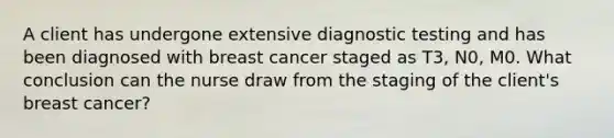 A client has undergone extensive diagnostic testing and has been diagnosed with breast cancer staged as T3, N0, M0. What conclusion can the nurse draw from the staging of the client's breast cancer?