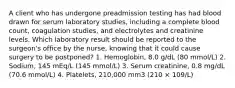 A client who has undergone preadmission testing has had blood drawn for serum laboratory studies, including a complete blood count, coagulation studies, and electrolytes and creatinine levels. Which laboratory result should be reported to the surgeon's office by the nurse, knowing that it could cause surgery to be postponed? 1. Hemoglobin, 8.0 g/dL (80 mmol/L) 2. Sodium, 145 mEq/L (145 mmol/L) 3. Serum creatinine, 0.8 mg/dL (70.6 mmol/L) 4. Platelets, 210,000 mm3 (210 × 109/L)