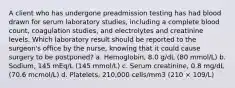 A client who has undergone preadmission testing has had blood drawn for serum laboratory studies, including a complete blood count, coagulation studies, and electrolytes and creatinine levels. Which laboratory result should be reported to the surgeon's office by the nurse, knowing that it could cause surgery to be postponed? a. Hemoglobin, 8.0 g/dL (80 mmol/L) b. Sodium, 145 mEq/L (145 mmol/L) c. Serum creatinine, 0.8 mg/dL (70.6 mcmol/L) d. Platelets, 210,000 cells/mm3 (210 × 109/L)