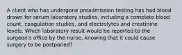 A client who has undergone preadmission testing has had blood drawn for serum laboratory studies, including a complete blood count, coagulation studies, and electrolytes and creatinine levels. Which laboratory result would be reported to the surgeon's office by the nurse, knowing that it could cause surgery to be postponed?