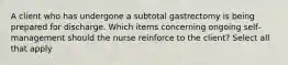 A client who has undergone a subtotal gastrectomy is being prepared for discharge. Which items concerning ongoing self-management should the nurse reinforce to the client? Select all that apply