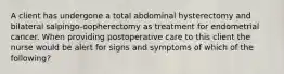 A client has undergone a total abdominal hysterectomy and bilateral salpingo-oopherectomy as treatment for endometrial cancer. When providing postoperative care to this client the nurse would be alert for signs and symptoms of which of the following?