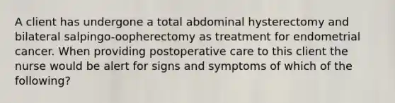 A client has undergone a total abdominal hysterectomy and bilateral salpingo-oopherectomy as treatment for endometrial cancer. When providing postoperative care to this client the nurse would be alert for signs and symptoms of which of the following?