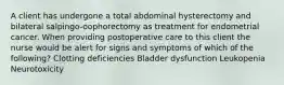 A client has undergone a total abdominal hysterectomy and bilateral salpingo-oophorectomy as treatment for endometrial cancer. When providing postoperative care to this client the nurse would be alert for signs and symptoms of which of the following? Clotting deficiencies Bladder dysfunction Leukopenia Neurotoxicity