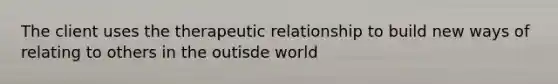 The client uses the therapeutic relationship to build new ways of relating to others in the outisde world