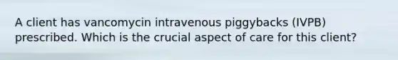 A client has vancomycin intravenous piggybacks (IVPB) prescribed. Which is the crucial aspect of care for this client?