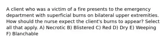 A client who was a victim of a fire presents to the emergency department with superficial burns on bilateral upper extremities. How should the nurse expect the client's burns to appear? Select all that apply. A) Necrotic B) Blistered C) Red D) Dry E) Weeping F) Blanchable