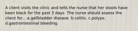 A client visits the clinic and tells the nurse that her stools have been black for the past 3 days. The nurse should assess the client for... a.gallbladder disease. b.colitis. c.polyps. d.gastrointestinal bleeding.