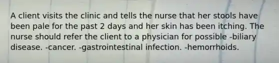 A client visits the clinic and tells the nurse that her stools have been pale for the past 2 days and her skin has been itching. The nurse should refer the client to a physician for possible -biliary disease. -cancer. -gastrointestinal infection. -hemorrhoids.