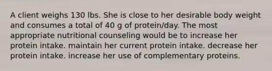 A client weighs 130 lbs. She is close to her desirable body weight and consumes a total of 40 g of protein/day. The most appropriate nutritional counseling would be to increase her protein intake. maintain her current protein intake. decrease her protein intake. increase her use of complementary proteins.