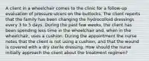 A client in a wheelchair comes to the clinic for a follow-up evaluation of pressure ulcers on the buttocks. The client reports that the family has been changing the hydrocolloid dressings every 3 to 5 days. During the past few weeks, the client has been spending less time in the wheelchair and, when in the wheelchair, uses a cushion. During the appointment the nurse notes that the client is not using a cushion, and that the wound is covered with a dry sterile dressing. How should the nurse initially approach the client about the treatment regimen?