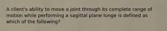 A client's ability to move a joint through its complete range of motion while performing a sagittal plane lunge is defined as which of the following?