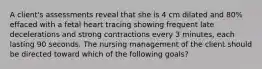 A client's assessments reveal that she is 4 cm dilated and 80% effaced with a fetal heart tracing showing frequent late decelerations and strong contractions every 3 minutes, each lasting 90 seconds. The nursing management of the client should be directed toward which of the following goals?