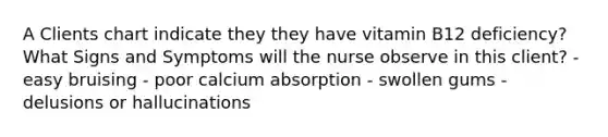A Clients chart indicate they they have vitamin B12 deficiency? What Signs and Symptoms will the nurse observe in this client? - easy bruising - poor calcium absorption - swollen gums - delusions or hallucinations