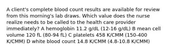 A client's complete blood count results are available for review from this morning's lab draws. Which value does the nurse realize needs to be called to the health care provider immediately? A hemoglobin 11.2 g/dL (12-16 g/dL) B mean cell volume 120 fL (80-94 fL) C platelets 458 K/CMM (150-400 K/CMM) D white blood count 14.8 K/CMM (4.8-10.8 K/CMM)