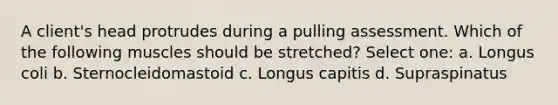 A client's head protrudes during a pulling assessment. Which of the following muscles should be stretched? Select one: a. Longus coli b. Sternocleidomastoid c. Longus capitis d. Supraspinatus